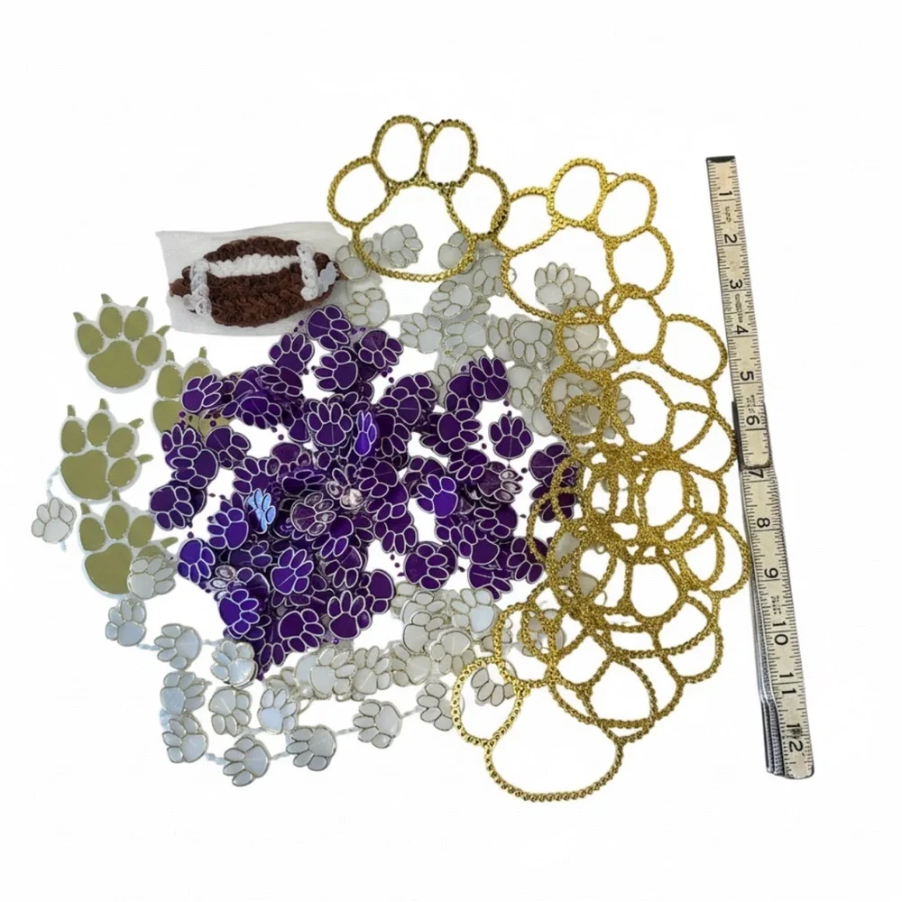 Mum Garter Homecoming Trinkets Purple Metallic Gold White Football Cheer